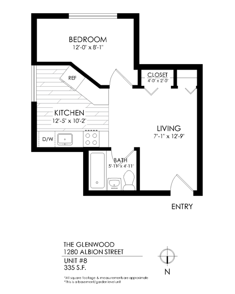 Floor plan for 1 bed, 1 bath, 570 sqft